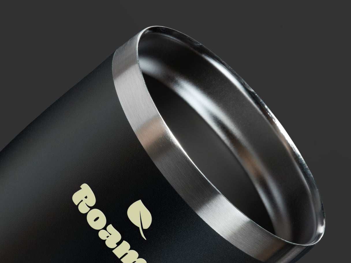Detail image of the top of a custom black insulated tumbler.